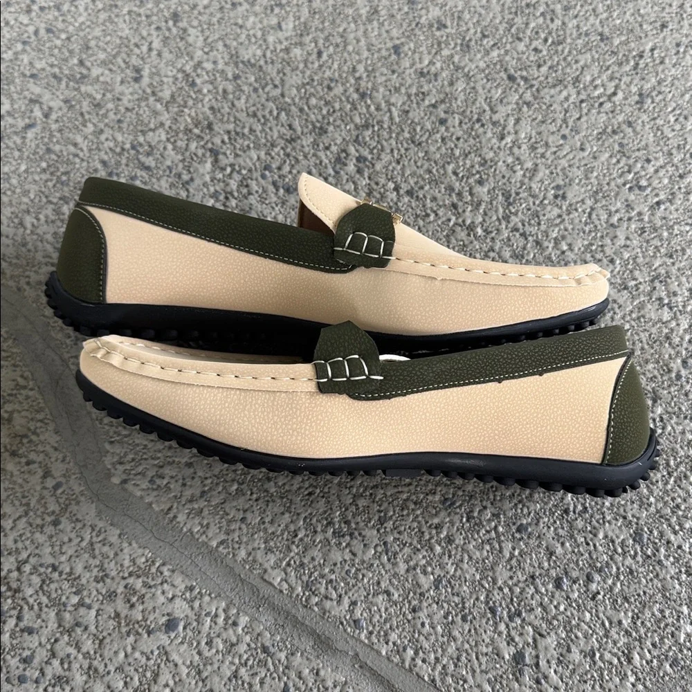 Green cream vegan leather gold horsebit accent slip on style loafers size 42